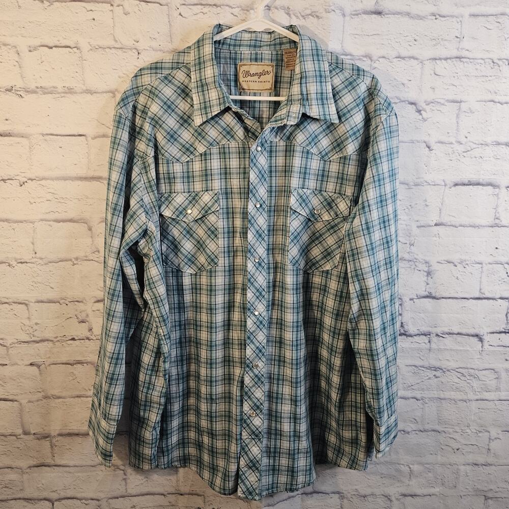 Wrangler Shirt Mens 2XL Blue Western Pearl Snap Long Sleeve Cowboy Rodeo
